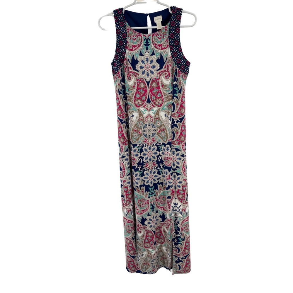 Chico's paisley maxi Dress Sleeveless pink blue S front slits vacation summer